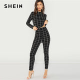 SHEIN BlackMock Neck Plaid Top Pant Set Women Stand Collar Long Sleeve  Elegant Two Pieces Sets 2018 Spring Plain Twopiece