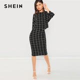 SHEIN Black Pearl Embellished Front Top Pencil Skirt Set Three Quarter Length Sleeve Elegant 2018 Spring Plain Twopiece