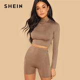 SHEIN Coffee Casual Solid Round Neck Long Sleeve Crop Tee And Legging Shorts Set 2018 Autumn Fitness Women Tow Pieces
