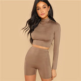 SHEIN Coffee Casual Solid Round Neck Long Sleeve Crop Tee And Legging Shorts Set 2018 Autumn Fitness Women Tow Pieces