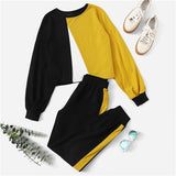 SHEIN Multicolor Colorblock Pullover and Contrast Sideseam Sweatpants Round Neck Set Women Autumn Elegant Workwear Twopiece