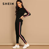 SHEIN Streetwear Black Striped Tape Tee Pants Long Sleeve Round Neck Set Women Two Pieces Sets 2019 Autumn Plain Twopiece