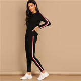 SHEIN Streetwear Black Striped Tape Tee Pants Long Sleeve Round Neck Set Women Two Pieces Sets 2019 Autumn Plain Twopiece