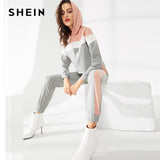 SHEIN Multicolor Cut and Sew Hoodie and Elastic Waist Sweatpants Set Plain Set Women Two Pieces Sets 2019 Autumn Twopiece