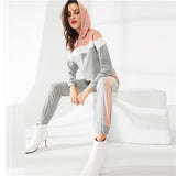 SHEIN Multicolor Cut and Sew Hoodie and Elastic Waist Sweatpants Set Plain Set Women Two Pieces Sets 2019 Autumn Twopiece