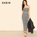 SHEIN Black and White Sexy Greek Fret Print Strapless Crop Top and Leggings Sets Women Summer High Street Fitted Two Piece Set