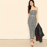 SHEIN Black and White Sexy Greek Fret Print Strapless Crop Top and Leggings Sets Women Summer High Street Fitted Two Piece Set