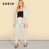 SHEIN White Shawl Collar Grid Plaid Cigarette Blazer And Pants Set Long Sleeve Co-Ord Women Spring Elegant Workwear Twopiece