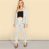 SHEIN White Shawl Collar Grid Plaid Cigarette Blazer And Pants Set Long Sleeve Co-Ord Women Spring Elegant Workwear Twopiece