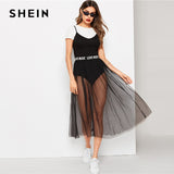 SHEIN Sexy Black Solid Cami Skinny Bodysuit and Lettering Waist Sheer Mesh Midi Skirt Set Women Summer Party Club Two Piece Sets