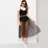 SHEIN Sexy Black Solid Cami Skinny Bodysuit and Lettering Waist Sheer Mesh Midi Skirt Set Women Summer Party Club Two Piece Sets
