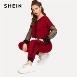 SHEIN Burgundy Lace Up Fishnet Sleeve Hoodie And pants Set Sporting Casual Two Piece Set Top and Pants Women Two Piece Outfits