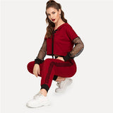 SHEIN Burgundy Lace Up Fishnet Sleeve Hoodie And pants Set Sporting Casual Two Piece Set Top and Pants Women Two Piece Outfits