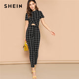SHEIN Black Cross Wrap Front Grid Crop Top And Pants Matching Set Women Spring Skinny Elegant Short Sleeve Plaid Two Piece Set
