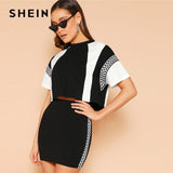 SHEIN Black and White Plaid Panel Two-tone Top And Skirt Set Women Two Pieces Sets 2019 Spring Stand Collar Colorblock Twopiece