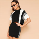 SHEIN Black and White Plaid Panel Two-tone Top And Skirt Set Women Two Pieces Sets 2019 Spring Stand Collar Colorblock Twopiece