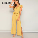 SHEIN Boho Yellow Knitted Ruffle Trim Striped Top and High Split Side Wide Leg Pants Set Women Summer 2019 Elegant Two Piece Set