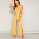 SHEIN Boho Yellow Knitted Ruffle Trim Striped Top and High Split Side Wide Leg Pants Set Women Summer 2019 Elegant Two Piece Set