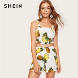 SHEIN Women Sleeveless Lace-Up Back Pineapple Ruffle Hem Crop Top And Shorts Two Piece Set Summer Casual White Matching Set