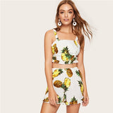 SHEIN Women Sleeveless Lace-Up Back Pineapple Ruffle Hem Crop Top And Shorts Two Piece Set Summer Casual White Matching Set