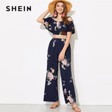 SHEIN Flounce Foldover Top and Wide Leg Pants Set Women Summer Glamorous HighStreet Ruffle Crop Blouse Maxi Pants Twopiece