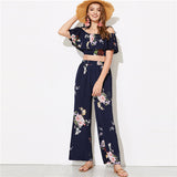 SHEIN Flounce Foldover Top and Wide Leg Pants Set Women Summer Glamorous HighStreet Ruffle Crop Blouse Maxi Pants Twopiece