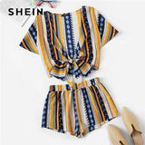 SHEIN Geometric Print Bow Knot Deep V Neck Crop Top And Shorts Women Two Piece Outfits Summer Boho Casual Short Sets For Women