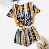 SHEIN Geometric Print Bow Knot Deep V Neck Crop Top And Shorts Women Two Piece Outfits Summer Boho Casual Short Sets For Women