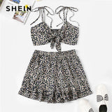 SHEIN Multicolor Knot Strap Allover Flower Camisole Top and Ruffle Shorts Women Set Summer Beach Boho Sexy Crop Two Piece Set
