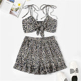 SHEIN Multicolor Knot Strap Allover Flower Camisole Top and Ruffle Shorts Women Set Summer Beach Boho Sexy Crop Two Piece Set