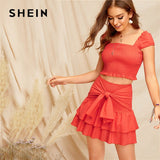 SHEIN Bohemian Orange Smocked Crop Top And Tie Waist Layered Ruffle Skirt Set Summer Women Vacation Sexy Two Piece Set
