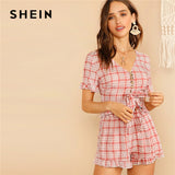 SHEIN Lady V-Neck Knot Button Front Plaid Crop Top And Shorts Set Women Summer Boho Flounce Sleeve Women Two Piece Outfits