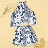 SHEIN Lady Boho Porcelain Print Swing Halter Crop Top And Shorts Two Piece Set Summer Beach Sexy Matching Sets Women Outfits