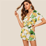 SHEIN Boho Beach Knot Front Fruit Print Crop Top And Shorts Sets For Women Summer Sexy Deep V Neck Short Sleeve Women Outfits