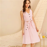 SHEIN Boho Pink V-neck Button Front Striped Slim Fitted Crop Top and Belted Midi Skirt Set Women Summer Elegant Two Piece Set