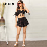 SHEIN Black Boho Off Shoulder Drawstring Ruched Detail Crop Top And Shirred Shorts Two Piece Set Women Summer Sexy Matching Sets