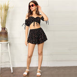 SHEIN Black Boho Off Shoulder Drawstring Ruched Detail Crop Top And Shirred Shorts Two Piece Set Women Summer Sexy Matching Sets
