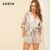 SHEIN Khaki Notched Collar Vertical-Stripe Roll Up Sleeve Blazer or Belted Shorts Set Spring Summer Women Casual Two Piece Set