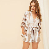 SHEIN Khaki Notched Collar Vertical-Stripe Roll Up Sleeve Blazer or Belted Shorts Set Spring Summer Women Casual Two Piece Set